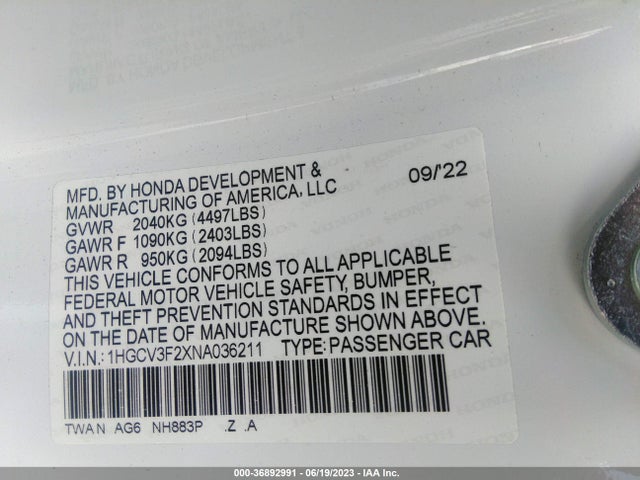2022 HONDA ACCORD HYBRID SPORT VIN: 1HGCV3F2XNA036211