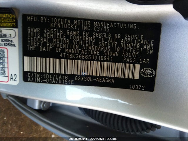 2005 TOYOTA AVALON XL/TOURING/XLS/LIMITED VIN: 4T1BK36B65U016941