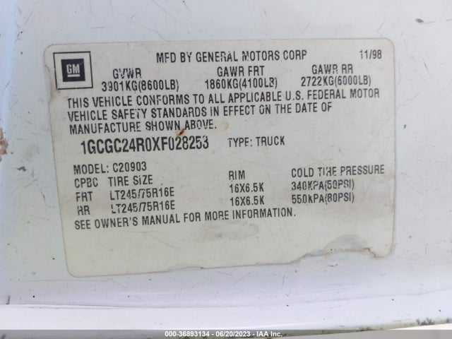 1999 CHEVROLET C/K 2500 VIN: 1GCGC24R0XF028253