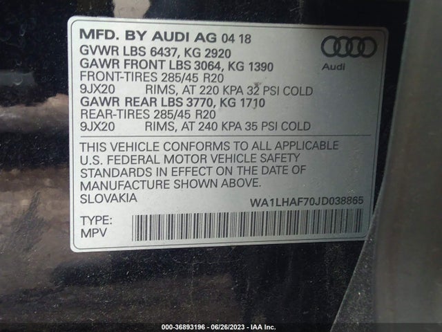 WA1LHAF70JD038865 Audi Q7 Premium Plus
