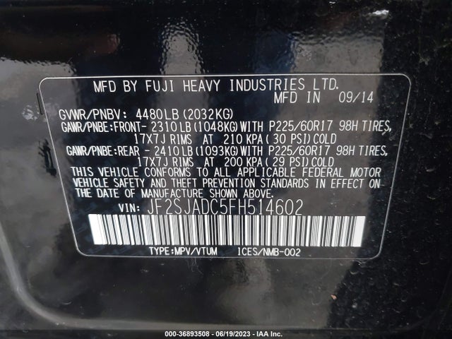 2015 SUBARU FORESTER 2.5I PREMIUM VIN: JF2SJADC5FH514602