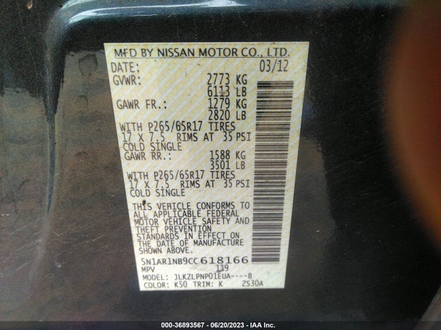 2012 NISSAN PATHFINDER SILVER EDITION VIN: 5N1AR1NB9CC618166