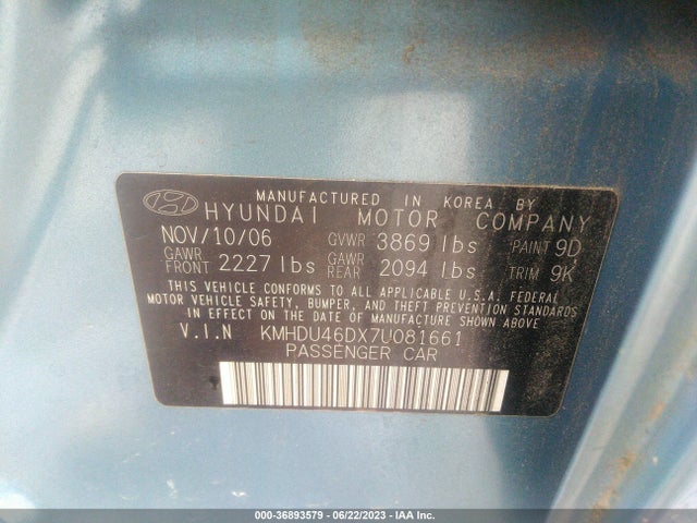 2007 HYUNDAI ELANTRA GLS/SE/LTD VIN: KMHDU46DX7U081661