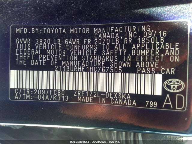 2017 TOYOTA COROLLA L/LE/XLE/SE VIN: 2T1BURHE1HC767505