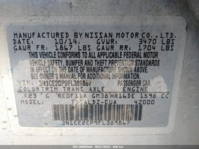 3N1CE2CP9FL389867 Nissan Versa Note S/s Plus/sv/sr/sl