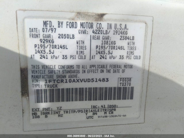 1997 FORD RANGER XLT/SPLASH VIN: 1FTCR10AXVUD51483