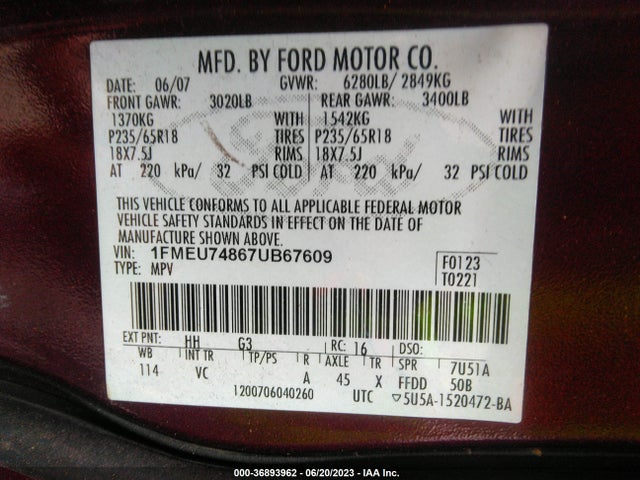 2007 FORD EXPLORER EDDIE BAUER VIN: 1FMEU74867UB67609