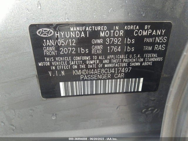 Aukcja sprzedaży 2012 Hyundai Elantra Gls, vin: KMHDH4AE8CU417497, numer aukcji: 36894008