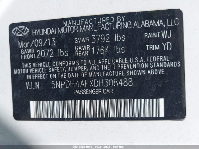 2013 HYUNDAI ELANTRA GLS VIN: 5NPDH4AEXDH308488