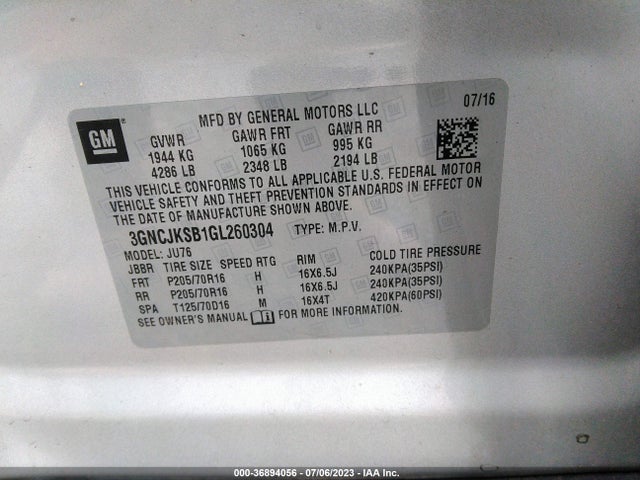 Chevrolet TRAX LS 2016 3GNCJKSB1GL260304 Image 9