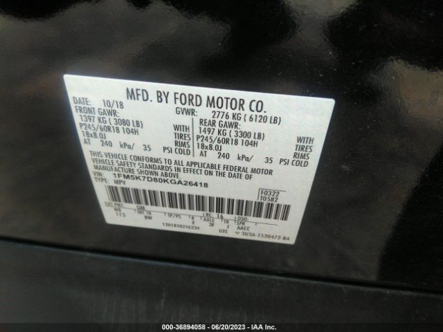 1FM5K7D80KGA26418 Ford EXPLORER XLT