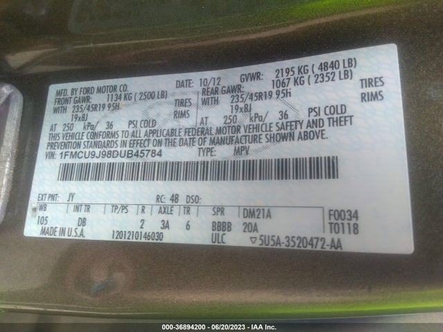 2013 FORD ESCAPE TITANIUM VIN: 1FMCU9J98DUB45784