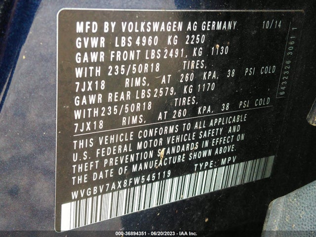 WVGBV7AX8FW545119 Volkswagen Tiguan Sel