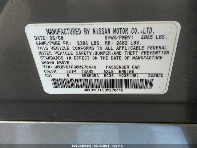 2008 INFINITI G35 SEDAN X VIN: JNKBV61F98M276440