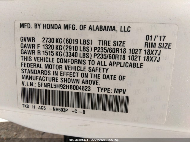 2017 HONDA ODYSSEY TOURING/TOURING ELITE VIN: 5FNRL5H92HB004823