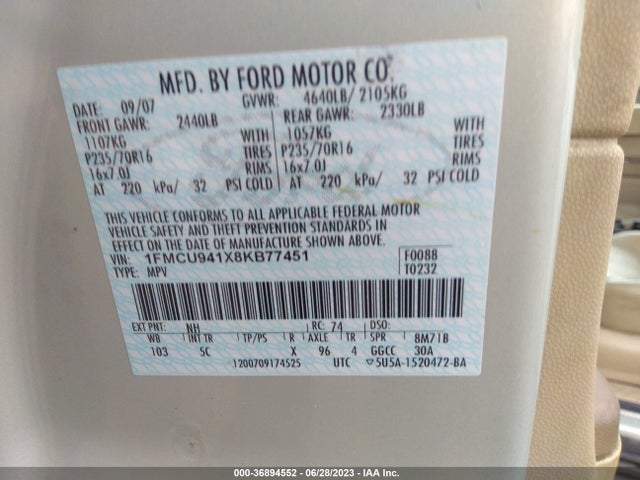 2008 FORD ESCAPE LIMITED VIN: 1FMCU941X8KB77451