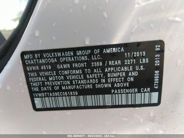 1VWBT7A39EC051839 Volkswagen Passat Se W/sunroof & Nav