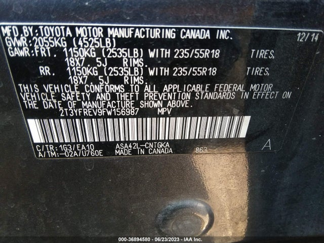 2015 TOYOTA RAV4 LIMITED VIN: 2T3YFREV9FW156987