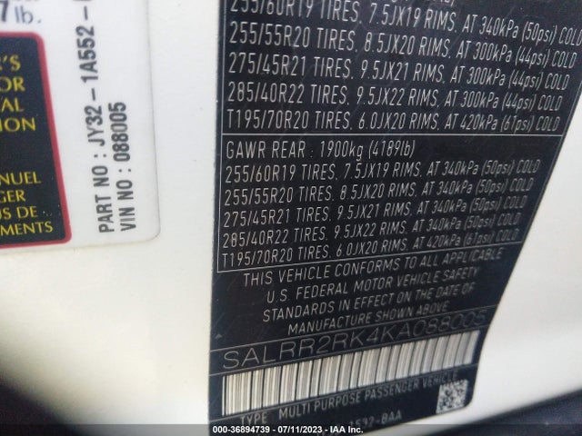 2019 LAND ROVER DISCOVERY HSE VIN: SALRR2RK4KA088005