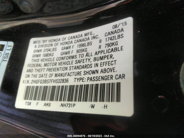2015 HONDA CIVIC COUPE LX VIN: 2HGFG3B57FH532836