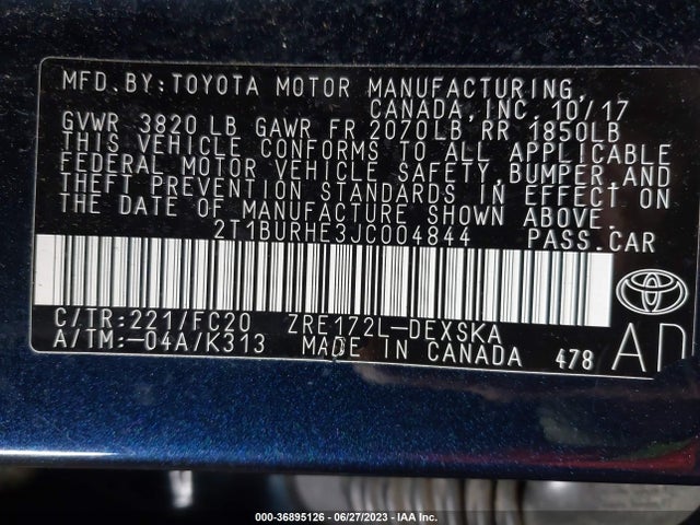 2018 TOYOTA COROLLA L/LE/XLE/SE/XSE VIN: 2T1BURHE3JC004844
