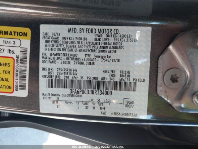 3FA6P0CD3KR134000 Ford FUSION SEL
