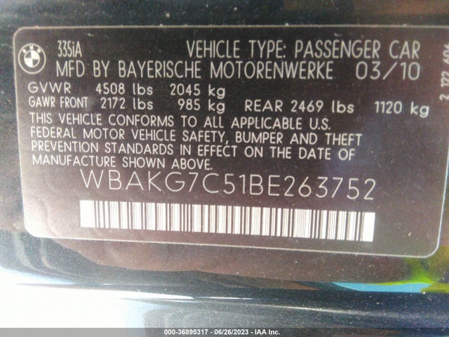 2011 BMW 3 SERIES 335I VIN: WBAKG7C51BE263752