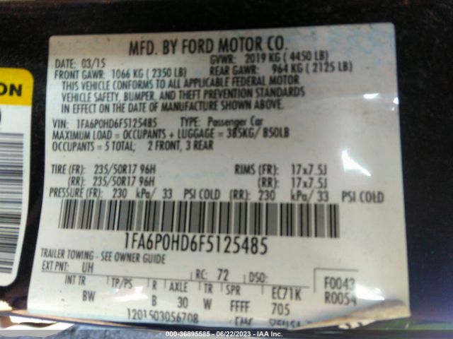 1FA6P0HD6F5125485 Ford FUSION SE