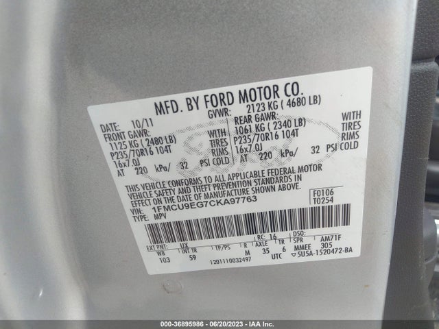 2012 FORD ESCAPE LIMITED VIN: 1FMCU9EG7CKA97763