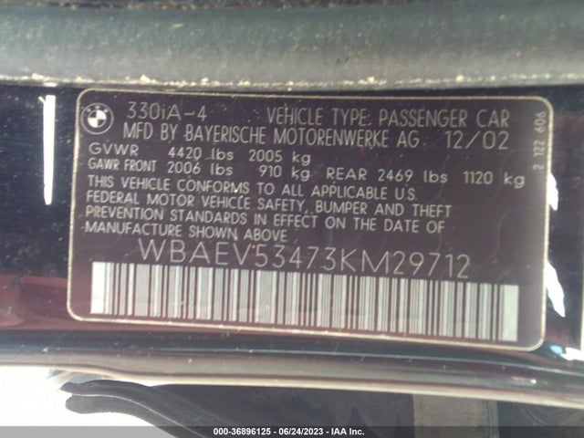 2003 BMW 3 SERIES 330I VIN: WBAEV53473KM29712