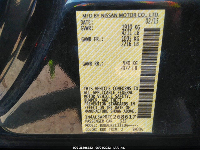 2015 NISSAN ALTIMA 2.5 SL VIN: 1N4AL3AP0FC268617