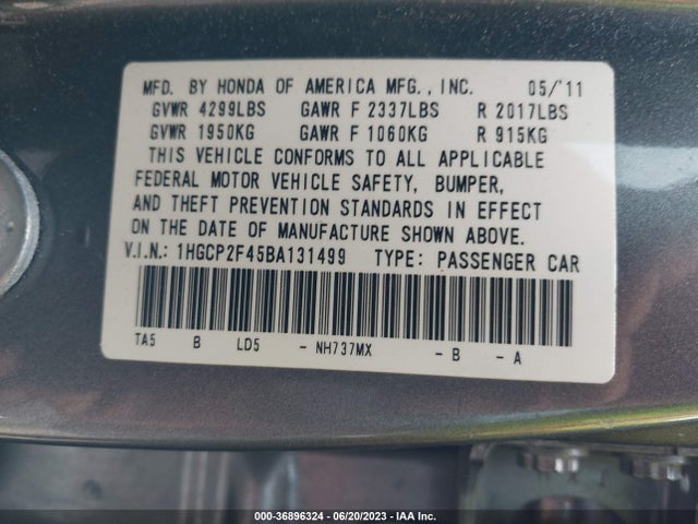 2011 HONDA ACCORD SDN LX-P VIN: 1HGCP2F45BA131499