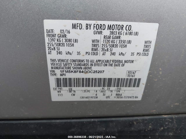 Ford Explorer Limited 2016 1FM5K8F84GGC25207 Image 9