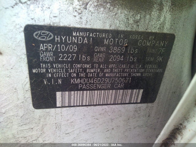 2009 HYUNDAI ELANTRA GLS PZEV VIN: KMHDU46D29U750671