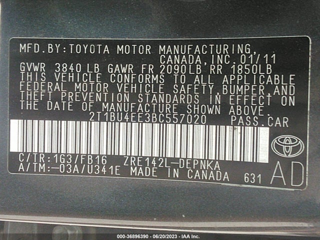2011 TOYOTA COROLLA L/LE/S VIN: 2T1BU4EE3BC557020