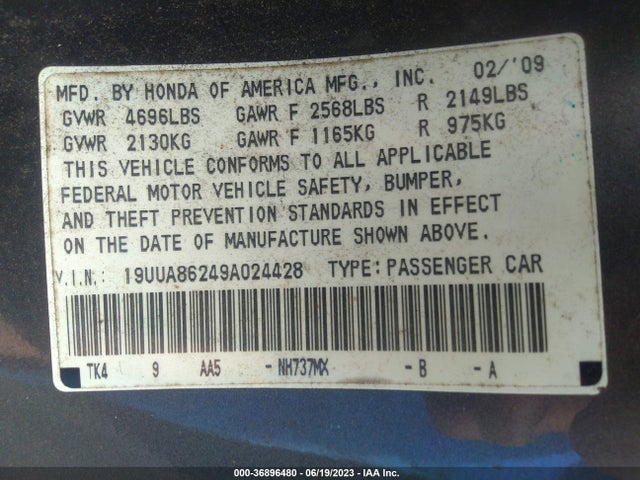 36896480 :رقم المزاد ، 19UUA86249A024428 vin ، 2009 Acura Tl مزاد بيع