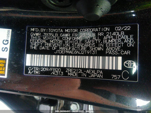 2022 TOYOTA COROLLA LE VIN: JTDEPMAE6NJ219131
