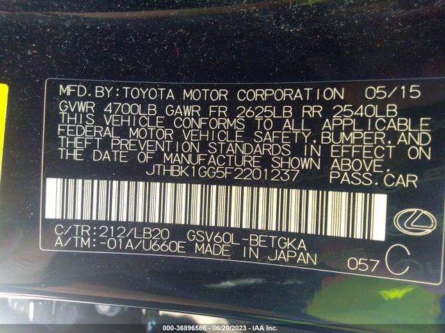 2015 LEXUS ES 350 VIN: JTHBK1GG5F2201237