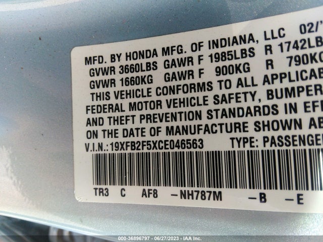 2012 HONDA CIVIC SDN LX VIN: 19XFB2F5XCE046563