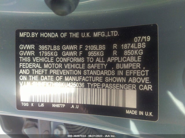 Honda Civic Hatchback Ex 2019 SHHFK7H66KU425036 Image 9