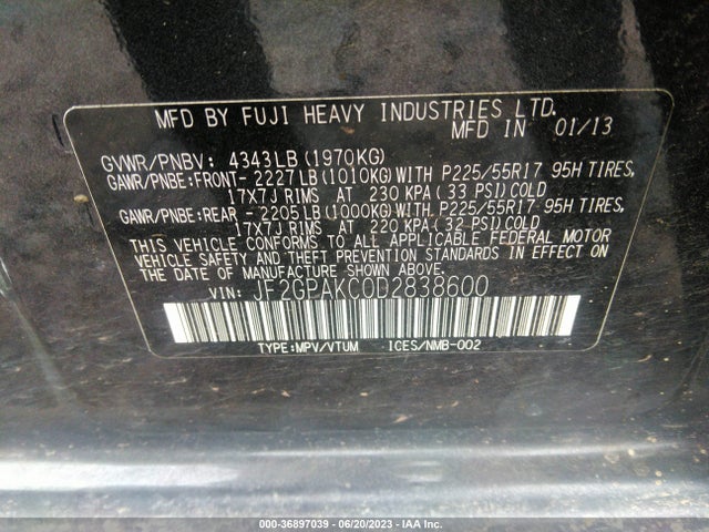 2013 SUBARU XV CROSSTREK LIMITED VIN: JF2GPAKC0D2838600