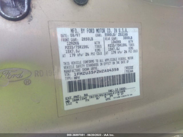 1998 FORD EXPLORER XLT/EDDIE BAUER/LIMITED VIN: 1FMZU35P2WZA04358