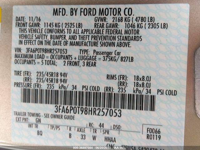 Ford FUSION SE 2017 3FA6P0T98HR257053 Image 15