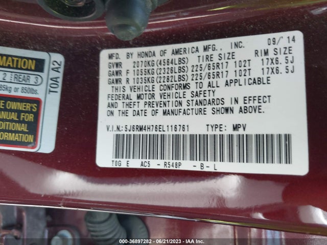 Honda Cr-v Ex-l 2014 5J6RM4H76EL116761 Image 9