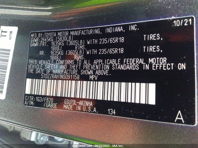 Toyota Highlander Le 2022 5TDZZRAH1NS091158 Image 9