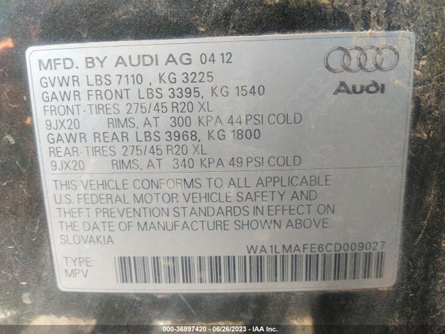 2012 AUDI Q7 3.0L TDI PREMIUM PLUS VIN: WA1LMAFE6CD009027