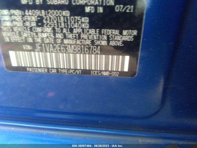 2021 SUBARU WRX STI VIN: JF1VA2E63M9816784
