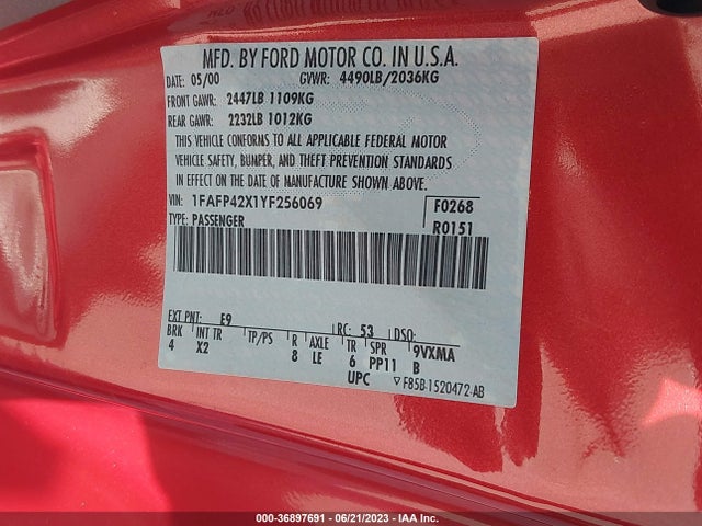 2000 FORD MUSTANG GT VIN: 1FAFP42X1YF256069