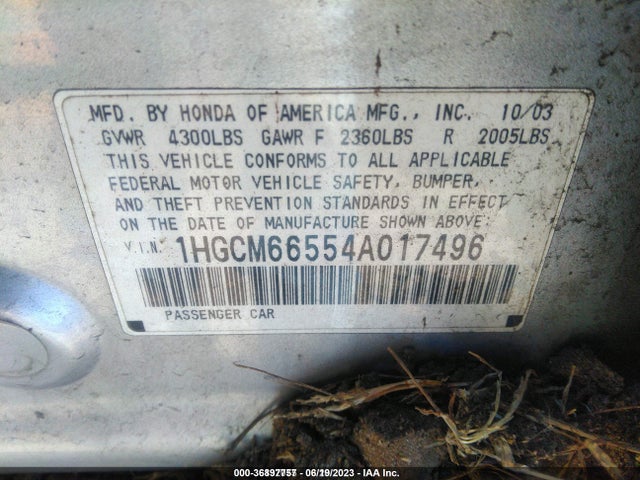 2004 HONDA ACCORD SDN EX VIN: 1HGCM66554A017496