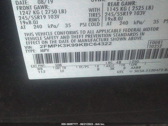 2019 FORD EDGE TITANIUM VIN: 2FMPK3K99KBC64322